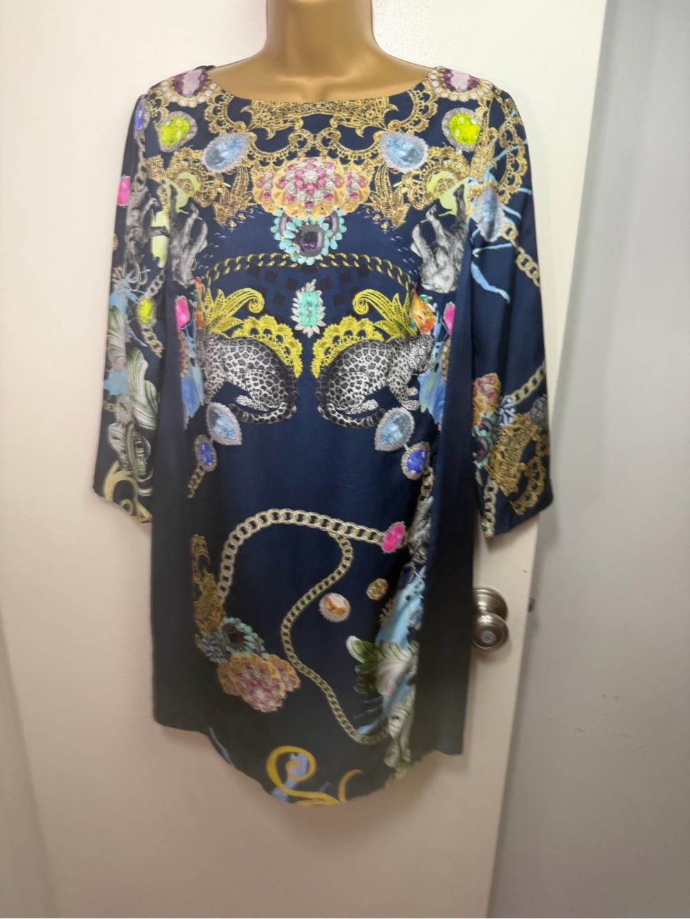 Tibi Blue Silk Scarf Animal & Jewel Print Luxury Designer Shift Dress 2*FLAW* - Picture 5 of 16